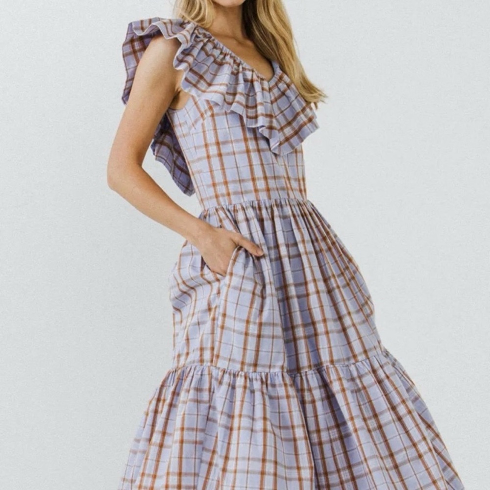 English Factory Lavender and Tan Plaid Ruffle Tiered Dress